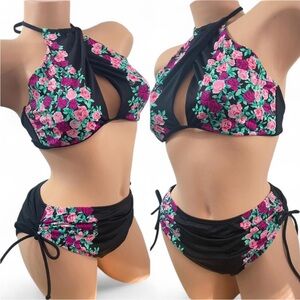 Betsey Johnson Floral Halter High Waist Bikini Set Black Pink Green White Floral